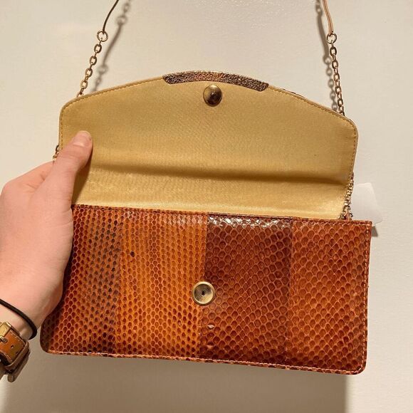 Vintage 1950s Genuine Snake Skin Gold Chain Crossbody Bag Clutch - Picture 8 of 14